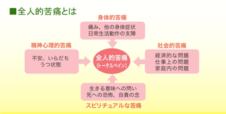 全人的苦痛（トータルペイン）とは：身体的苦痛（痛み、他の身体症状、日常生活動作の支障）、社会的苦痛（経済的な問題、仕事上の問題、家庭内の問題）、スピリチュアルな苦痛（生きる意味への問い、死への恐怖、自責の念）精神心理的苦痛（不安、いらだち、うつ状態）、の4つが互いに影響し合い、全人的苦痛（より大きな負担）となることがある。