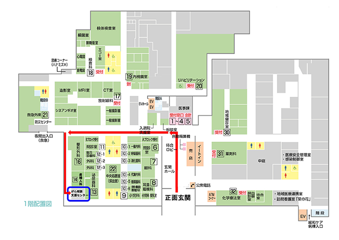 院内案内図：正面玄関からまっすぐ進み、「受付窓口 会計」から左へ曲がる、「夜間出入り口」の手前の角を左へ曲がる、まっすぐ進み一番奥の部屋が「がん相談支援センター」