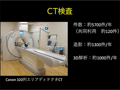 CT検査について 件数：約5700件/年（共同利用 約120件）、造影：約1300件/年、3D解析：約1000件/年、使用CT：Canon 320列エリアディテクタCT